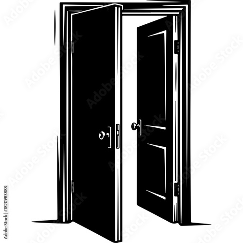 Woodcut Style Open Doors Vector Illustration. Symbol of Opportunity, Freedom, and New Beginnings for Human Rights Day Graphics.