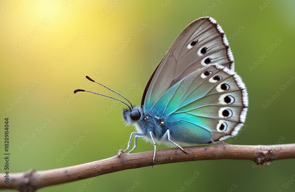 Obraz premium A beautiful blue butterfly rests on a branch in a sunny garden. The delicate insect has colorful turquoise and grey wings with spots. Macro photo of a single wild creature in its natural habitat.