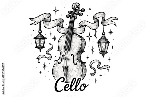 Drawing of a cello with a ribbon and stars