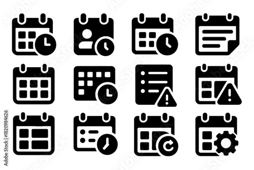 Planning Icons Collection. Solid style icons of scheduling and planning: calendar with clock, appointment icon, meeting time icon,
