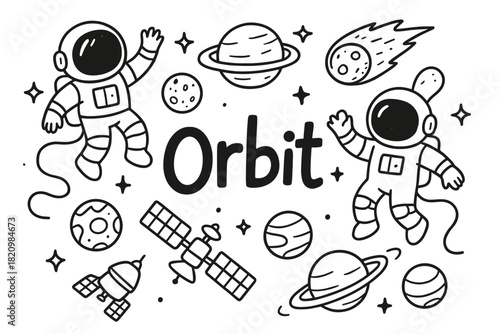 Drawing of two astronauts and a planet with the word Orbit written below them