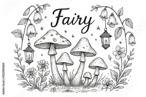 Drawing of mushrooms and flowers with the word "fairy" written in the center