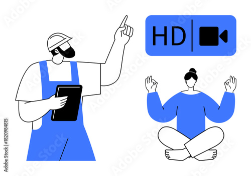 Worker in overalls pointing upwards holding a tablet, seated woman meditating calmly. Ideal for technology, work, mindfulness, video quality, digital communication, productivity, simple flat metaphor