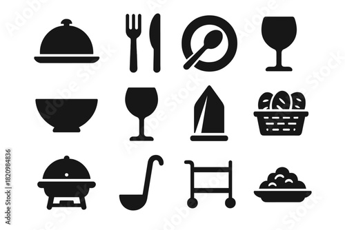 Dining Icons Collection. Solid style icons of Dining and serving: cloche tray, fork and knife, plate with spoon, serving bowl,
