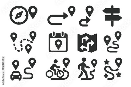 Solid Direction Icons. Solid style icons of directions and route planning: compass with pin, step-by-step path, arrow between pins
