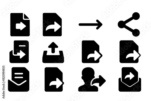 File Transfer Icons. Solid style icons of file sending: document with arrow, sending paper, file transfer arrow, share icon with
