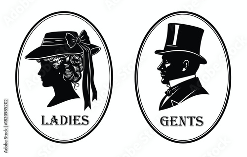 Vintage ladies and gents restroom signs silhouette style