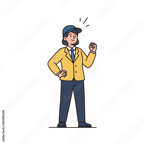 Confident businesswoman in suit with fist pump.