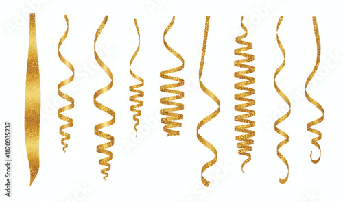 Golden party streamers and ribbons isolated on white