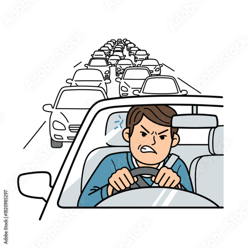 Frustrated driver stuck in heavy traffic jam on a busy road.