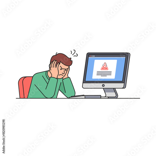 Frustrated man facing computer error message.