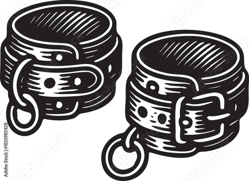 Engraved linocut style illustration of bdsm wrist cuffs with buckles for restraint and foreplay accessory graphic design
