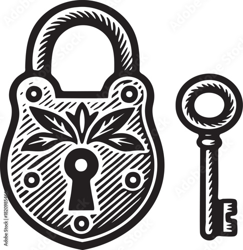 Classic lock and key linocut engraving for bdsm restraint and playful foreplay themes in bold monochrome