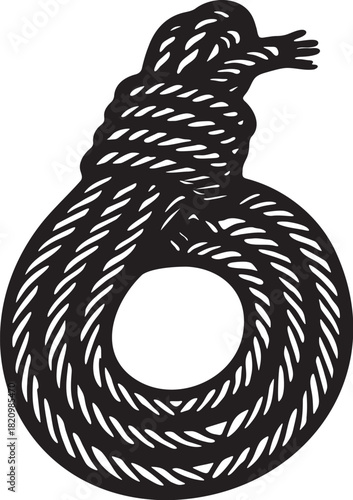 Linocut illustration of coiled rope for bdsm shibari restraint themes in bold black and white engraving style