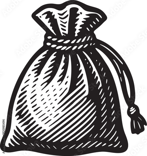 Bold black and white linocut illustration of a small drawstring pouch for playful adult accessories or bdsm storage themes