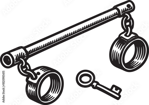 Linocut engraving of a metal spreader bar with cuffs for bdsm restraint scenarios and accessory visuals