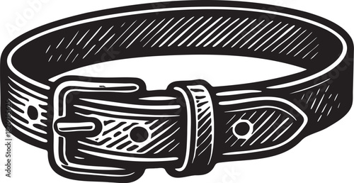 Linocut illustration of a bdsm collar belt with buckle drawn in bold black and white engraving style for playful foreplay accessories and adult-themed graphic projects