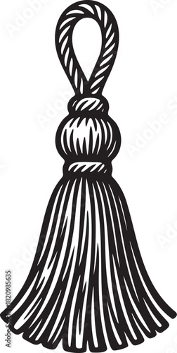 Linocut engraving of a tassel accessory for bdsm playful foreplay themes in bold monochrome style