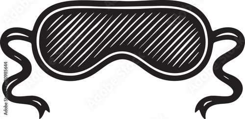 Black and white linocut illustration of a sleep mask with ribbons for bdsm blindfold and playful foreplay scenarios