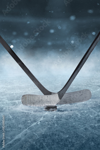  Ice hockey players on the grand ice arena. A game in the ice hockey hall. Poster with copy space.