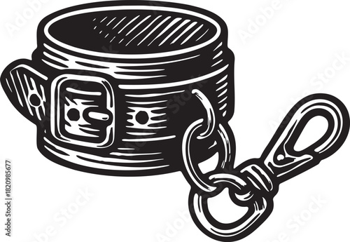 Black and white linocut illustration of a leather cuff with hardware for bdsm restraint themes and accessory graphics