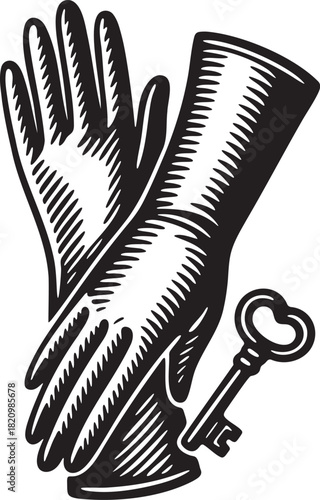 Vintage linocut gloves illustrated in bold black and white for bdsm costume themes and foreplay accessory visuals