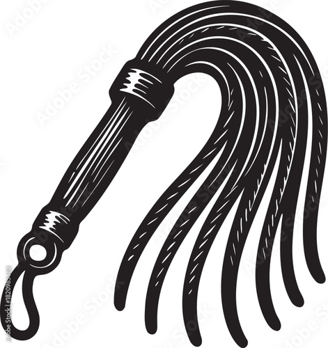 Black and white vintage linocut illustration of a flogger whip for bdsm foreplay accessory themes with bold engraved detail