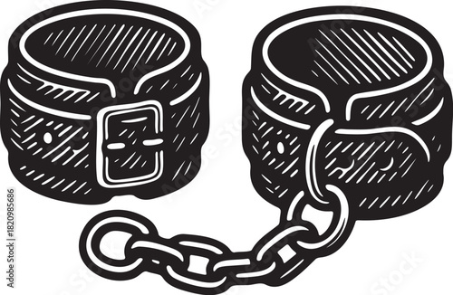 Bold linocut engraving of bdsm chained wrist cuffs used for restraint and foreplay themes