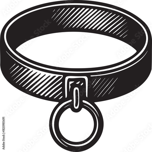 Black and white linocut collar with ring for bdsm ownership themes and adult foreplay accessory design