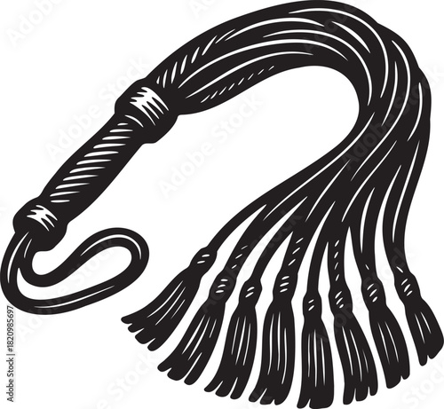 Black and white linocut engraving of a bdsm flogger whip with tassels stylized for foreplay accessory visuals and adult graphic design use