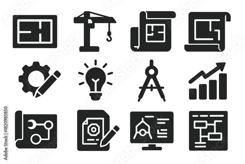 Development Icons. Solid style icons of Development and planning: blueprint, crane, draft paper, project chart, gear with pencil,