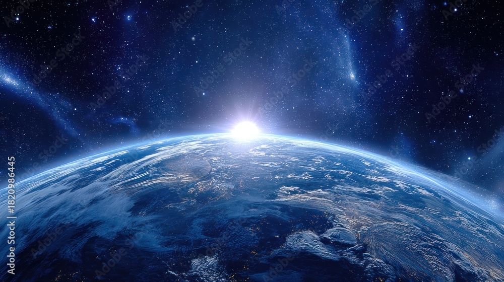 Obraz premium Earth curvature above dark blue starry space with bright sunrise glow