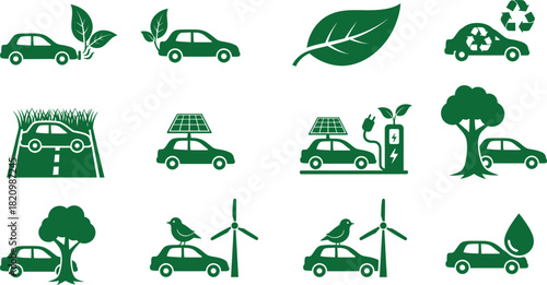 Eco Friendly Car Icons Green Vehicles And Renewable Energy Concepts vector illustration