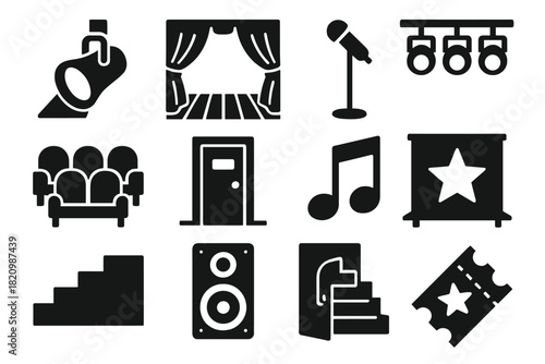 Performance Stage Icons. Solid style icons of Performance Stage: spotlight, stage curtain, wooden floor, microphone stand, light