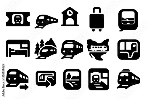 Solid Train Travel Icons. Solid style icons of train travel and trips: ticket with train, rail journey icon, destination station,