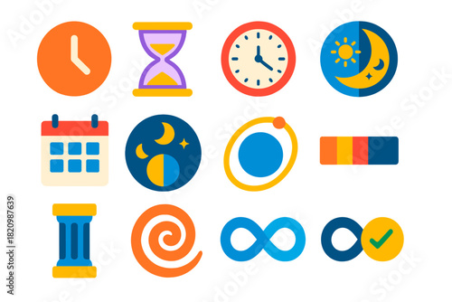 Time Icons Collection. Flat vector icons of time measurement units: second symbol, minute sandglass, hour clock face, day-night