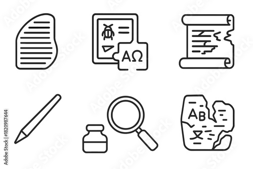 Historical Linguistic Icons. Line style icons of Historical Decoding: Rosetta Stone, Undeciphered Script, Linguistic Puzzle,