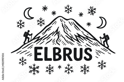 Mountain with two people on it and the word Elbrus