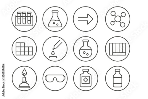 Chemistry Tool Icons. Line style round icons of chemistry tools: test tube rack, chemical flask, reaction arrow, molecule icon;