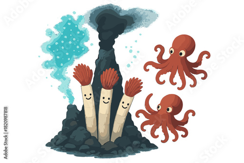 Deep-Sea Wonders. Deep-sea hydrothermal vent with smiling tube worms, glowing bacteria clouds, and curious octopus visitors No