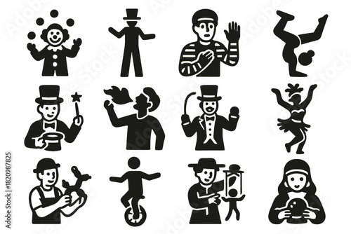 Carnival Performer Icons. Solid style icons of Carnival Performers: clown juggling, stilt walker, mime, acrobat, magician, fire