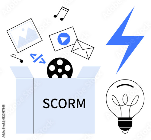 Open SCORM box with media icons thumbs up video, image, mail, and code surrounding it light bulb and lightning bolt symbolizing new ideas, technology, and e-learning. Ideal for innovation, education