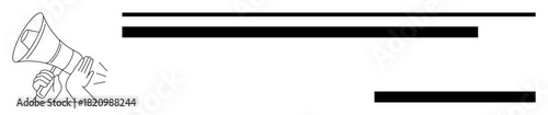 Hand gripping a megaphone delivering bold messages through soundbars. Ideal for communication, announcements, marketing, campaigns, advocacy, public speeches, teamwork. Simple flat metaphor
