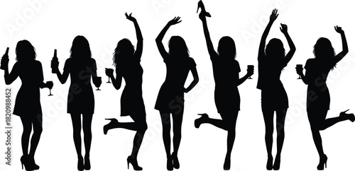 Party woman silhouette set, dancing and celebration poses, black on white, festive gesture, high heels, drink icon, joyful posture
