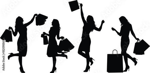 Shopping woman silhouette set, dynamic poses, black on white, fashion icon, retail gesture, consumer excitement, high heels, festive movement