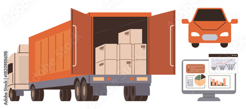 Cargo truck loaded with boxes, nearby car, analytics on monitor featuring logistics, delivery and e-commerce. Ideal for freight, logistics, transportation, retail shipping inventory trade. Simple