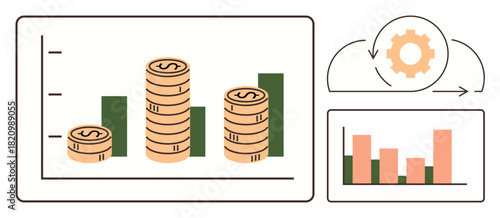 Bar charts, stacked coins, and gear icon represent financial growth, data analysis, investment, cost efficiency, performance tracking, business automation, and planning in a simple flat metaphor