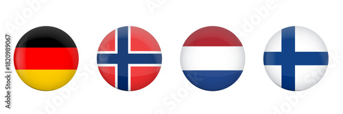 Set of glossy round flag icons representing Germany, Norway, the Netherlands, and Finland. Clean, bright, high-quality symbols perfect for apps, websites, presentations, and international projects.