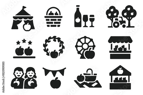 Apple Festival Icons. Solid style icons of Apple Celebration: apple festival, apple basket display, cider tasting, orchard tour,
