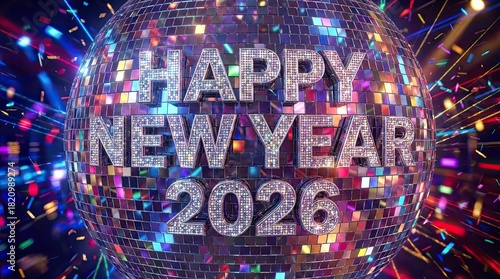 Celebrate new year 2026 with a shining disco ball and confetti.